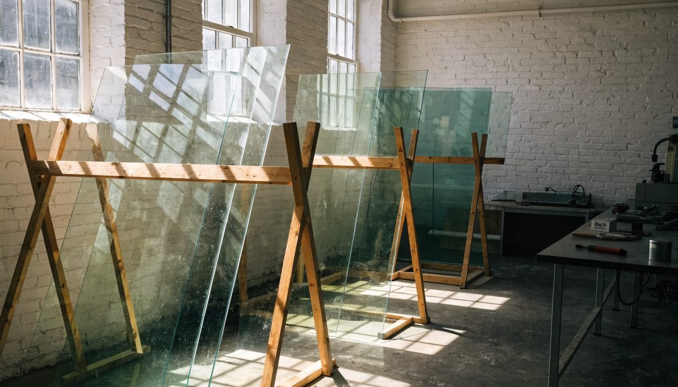 Inside the Glazing London workshop, glass sheets racked for cutting