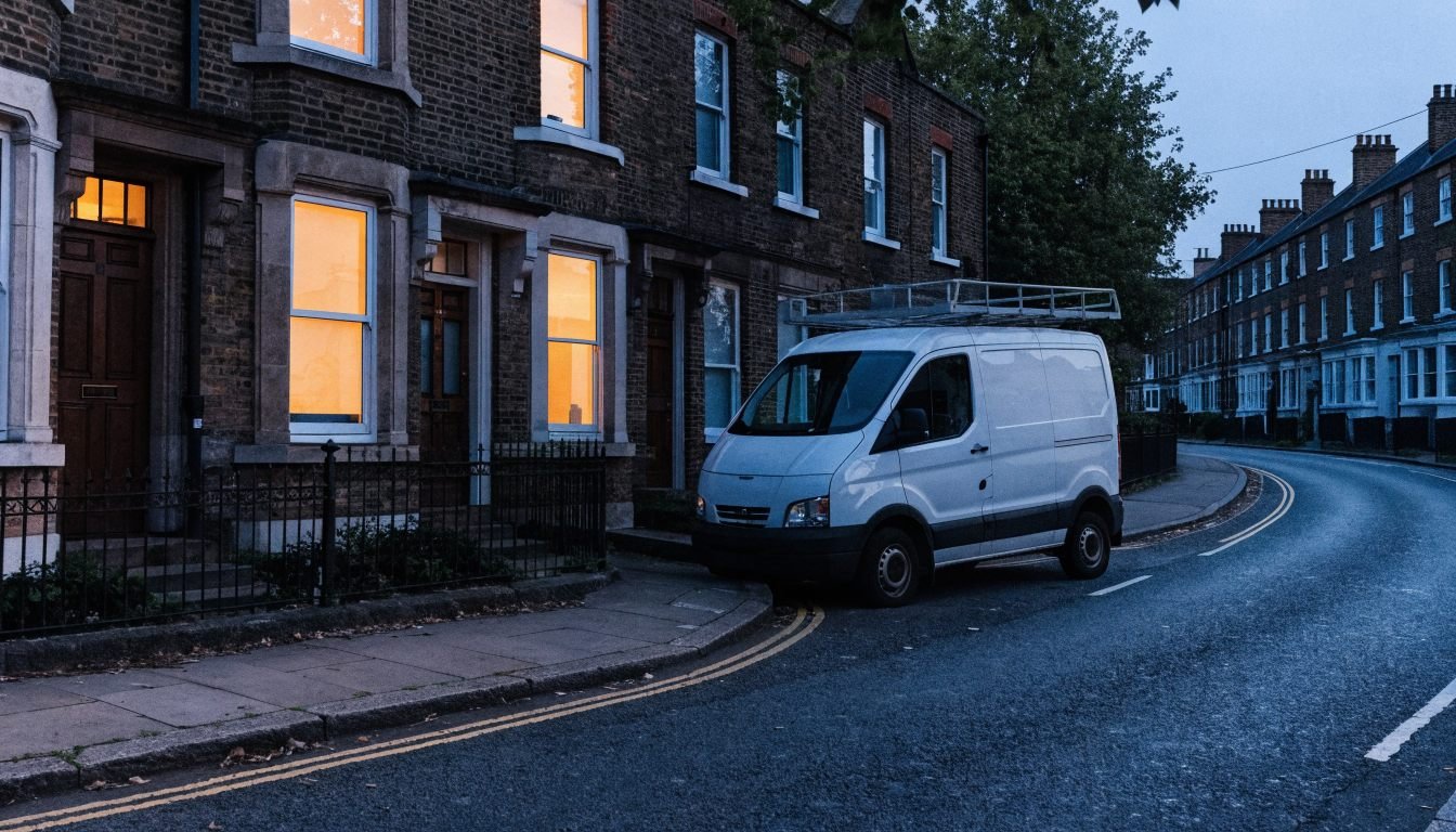 Glazing London glazier van on a London street at night, 24/7 emergency boarding up callout