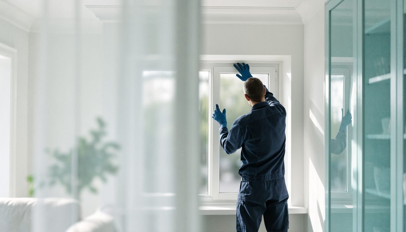 Glazing London glazier fitting a new glass pane in a bright London home