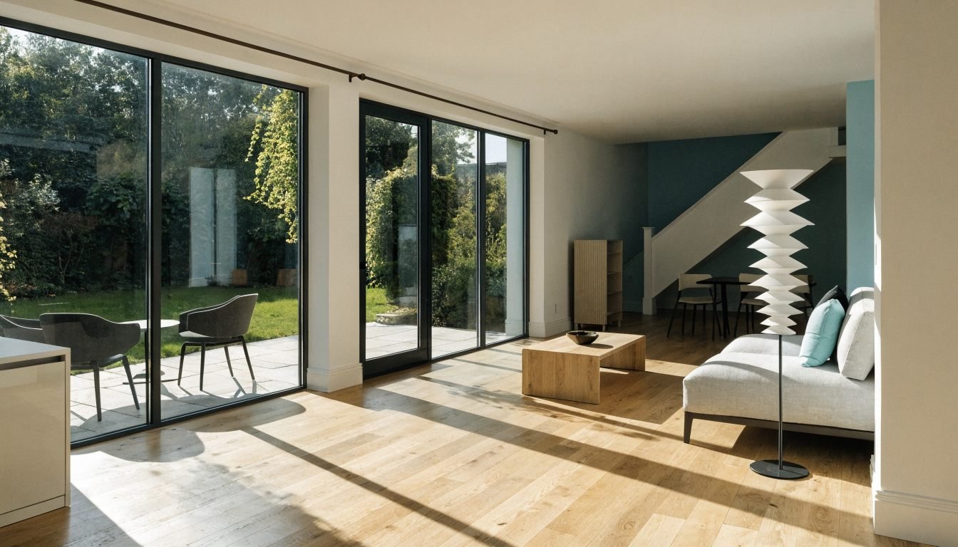 Newly installed floor-to-ceiling windows in a bright London living room