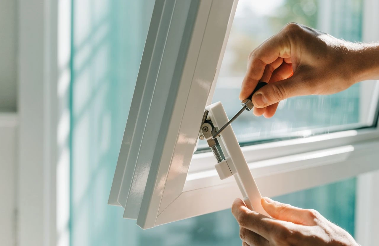 Engineer adjusting a uPVC window friction hinge during a repair in London