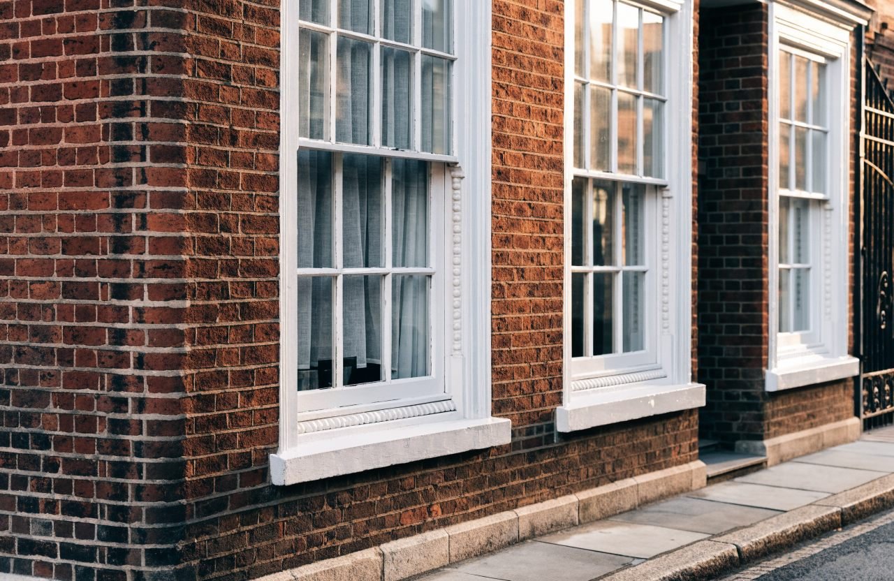 White timber sliding sash windows, Victorian London terrace