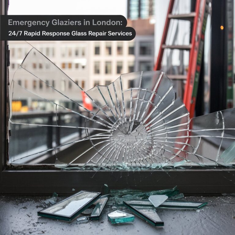 A photo of a broken window with glass shards on the ground and a ladder against the building. The background reveals a cityscape with buildings. There's a text overlay that says "Emergency Glaziers in London: 24/7 Rapid Response Glass Repair Services.