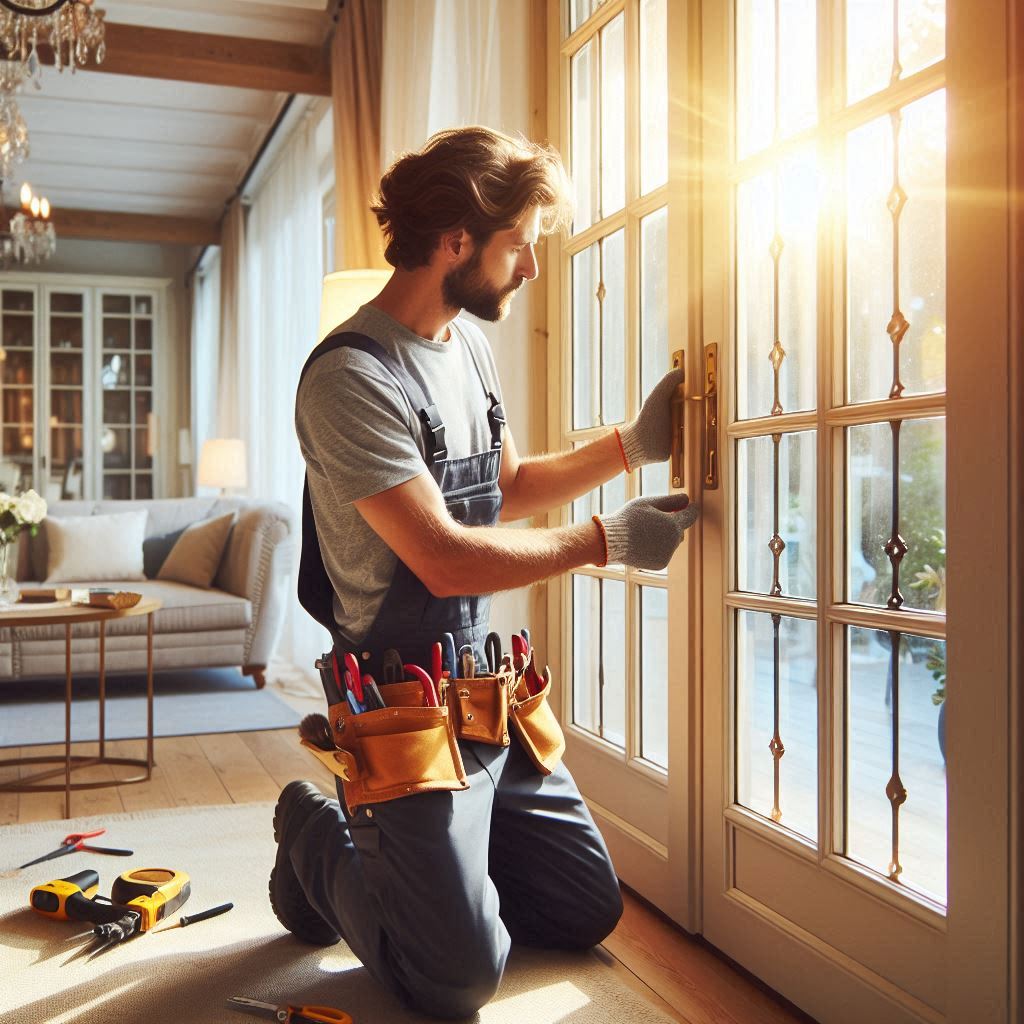 A man installing French doors
